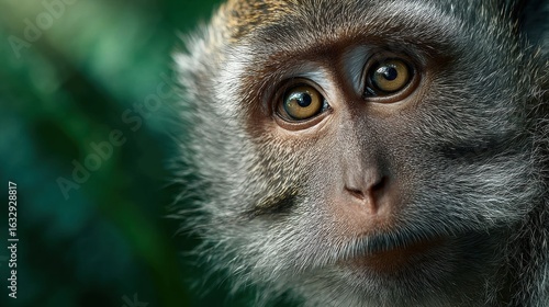 Close-Up Portrait of a Captivating Macaque Monkey with Expressive Eyes and Textured Fur, Set Against a Green Backdrop.