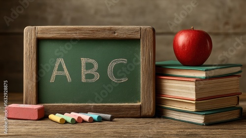 Rustic Schoolhouse Charm: Chalkboard with ABC, Apple, Books, Chalk, and Eraser on Wooden Surface