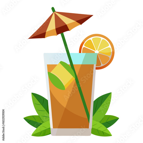 Stylish Rum Cocktail with Ice, Lime, and Mint on White Background