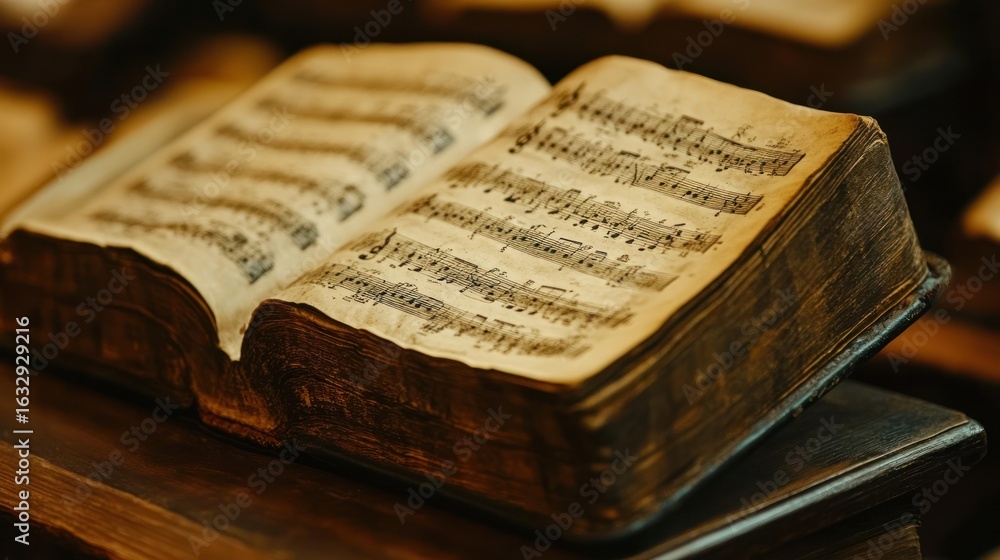 Obraz premium an antique music manuscript book lies open revealing a detailed musical composition on aged parchment with visible wear and tear showcasing the passage of time and musical heritage