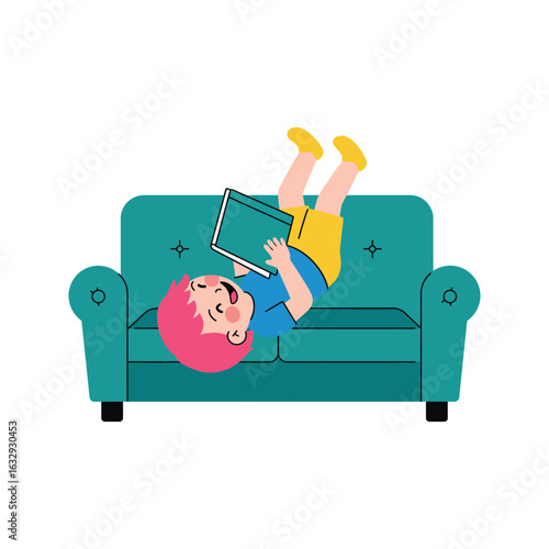 Happy boy reading book upside down on teal couch kids illustration childrens book vector graphic