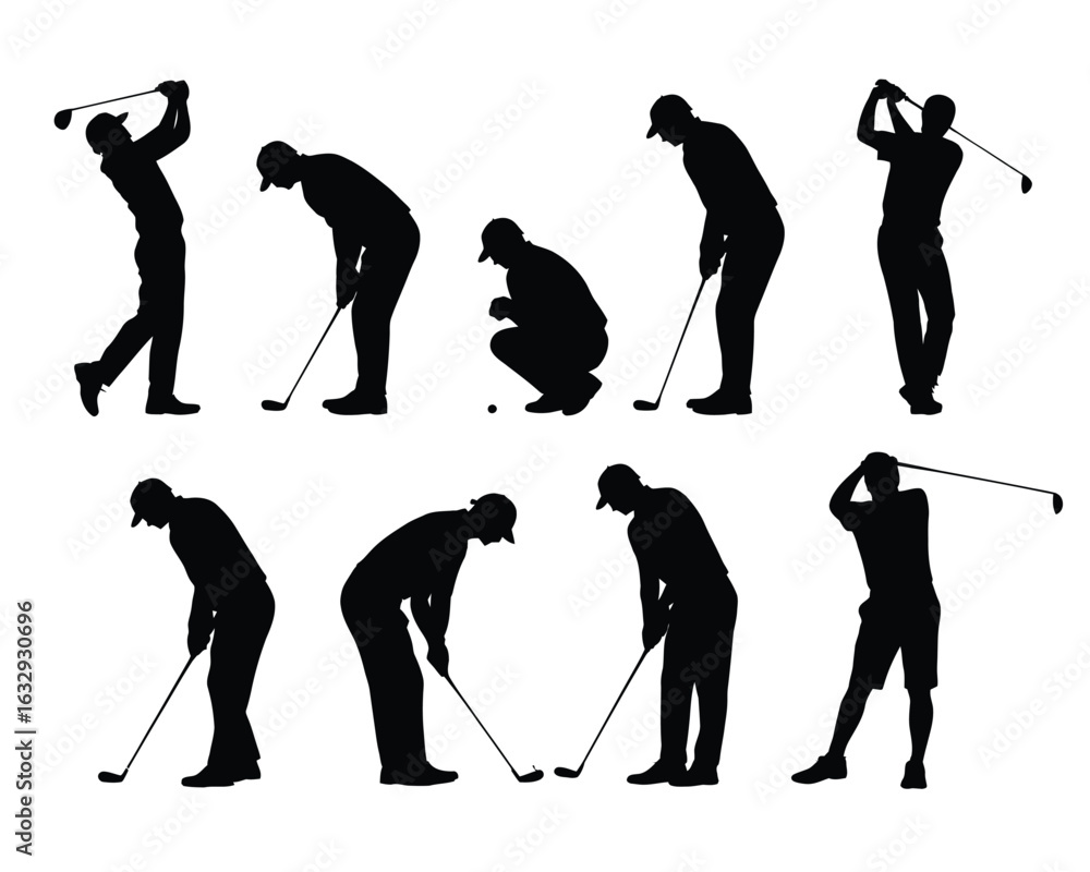 Obraz premium Golf player silhouette, male golfer in various poses with golf club, sport athlete vector illustration, action stance on white background