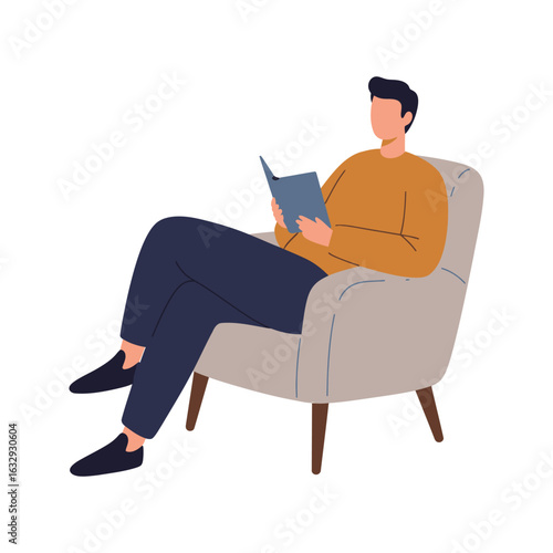 Man relaxing in armchair reading book comfortable home leisure activity vector illustration