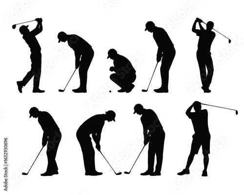 A striking graphic illustration of golfer silhouettes in various action poses. Set of vector golf player swing sequences.