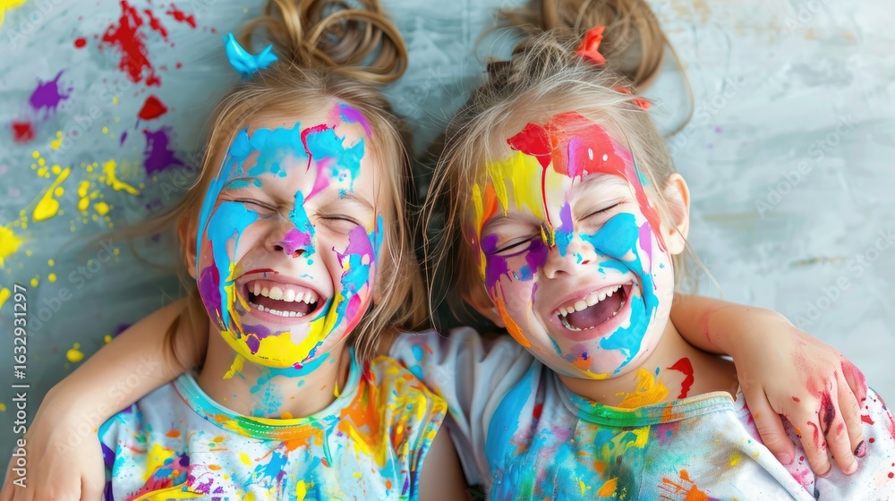 Obraz premium Painted young girls laughing, vibrant face paint and cheerful expressions, fun artistic childhood moment