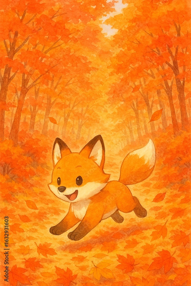 Fototapeta premium 秋の森を駆ける子ぎつねの笑顔