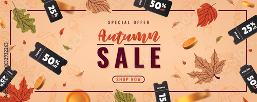 Autumn sale banner with falling leaves, 3D coupons and coins. Vector template