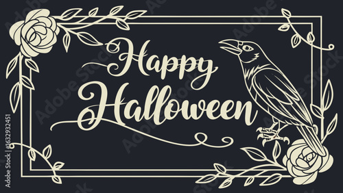 Happy halloween vector design with raven and floral frame for halloween decoration and spooky season projects