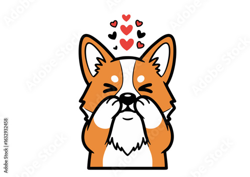 An adorable cartoon corgi puppy blowing sweet kisses with many floating hearts. A cute illustration of a happy dog expressing pure affection and love.
