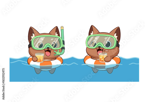 Two cute cartoon cats on a fun summer vacation, floating in the water with inflatable rings, wearing goggles and a snorkel while sipping juice.