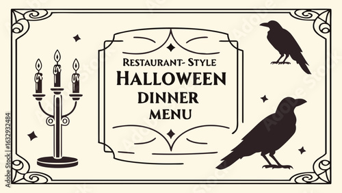 Halloween dinner menu template with raven and candle design for restaurant style party invitation design