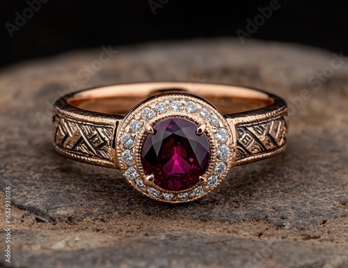 Elegant rose gold ring with ruby gemstone and diamonds.