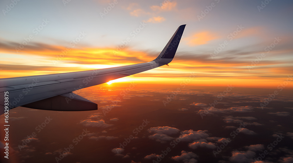 Obraz premium Airplane wing silhouetted against a vibrant sunset sky with clouds below during a flight