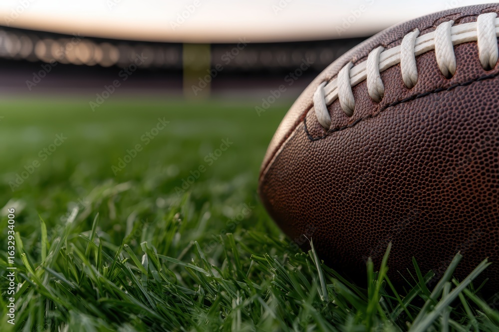 Obraz premium American football sits on green grass field.