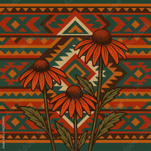 Vintage Navajo-inspired geometric pattern with bold earth-tone colors, featuring detailed coneflower botanical illustration in a retro folk art style, perfect for Southwestern design projects and text
