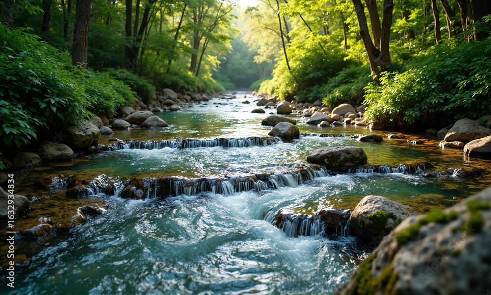 Fototapeta premium A serene river flows over rocks through a vibrant green forest, bathed in dappled sunlight. A peaceful natural scene.