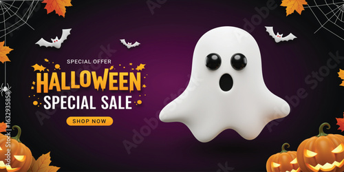 Halloween Special Sale Banner with Ghost and Pumpkins. Halloween Background Vector