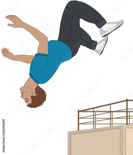 parkour, male athlete in mid-air performing a back flip from a wall isolated on a white background