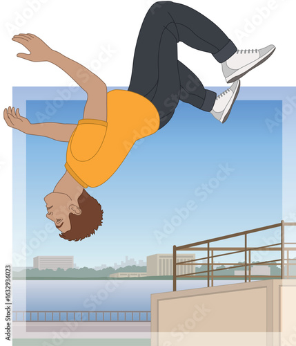 parkour, male athlete in mid-air performing a back flip from a wall with an urban outdoor setting in the background