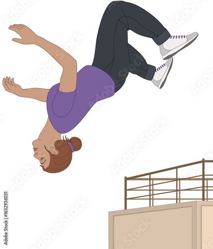 parkour, female athlete in mid-air performing a back flip from a wall isolated on a white background