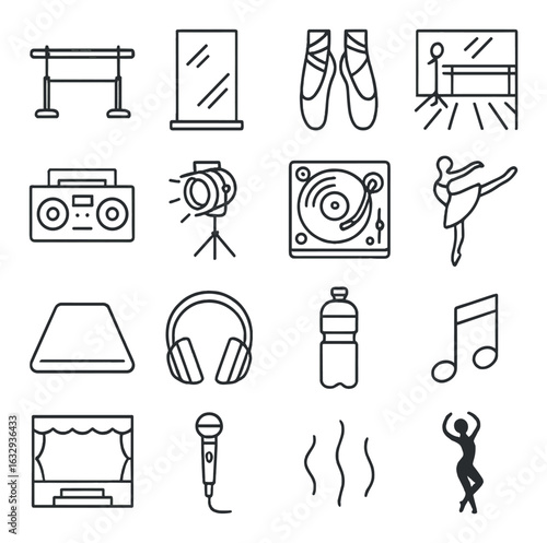 Dance studio icons: ballet, music, equipment, and performance symbols