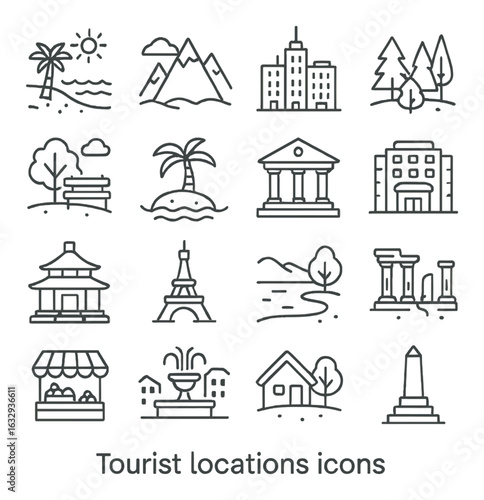 Tourist locations icon set featuring landmarks and natural scenery