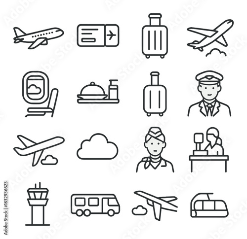 Airline travel icons featuring airplane, luggage, and crew elements in minimalist style