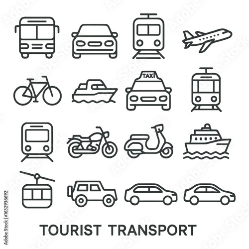 Various modes of tourist transport: cars, trains, boats, and more