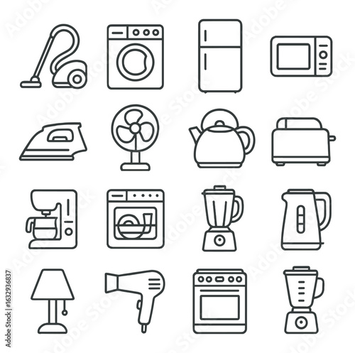 Collection of minimalist household appliance icons on gradient background