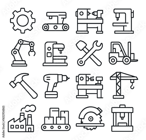 Industrial icon set featuring machines and tools in outline design