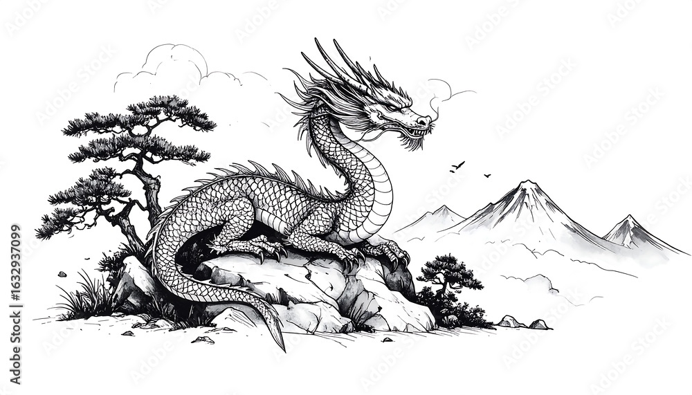 Obraz premium Majestic dragon resting on a rock, with a serene landscape behind