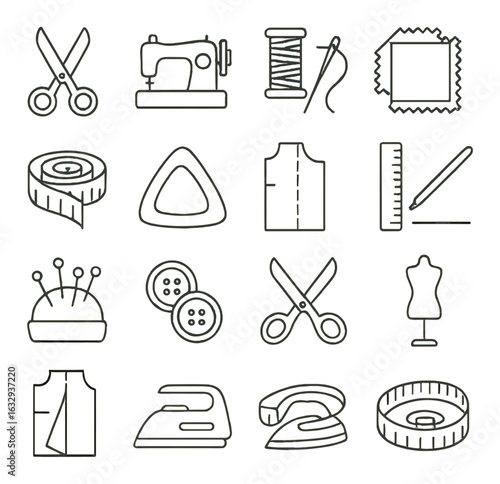 Sewing tools and icons: scissors, sewing machine, thread, needle, fabric pattern
