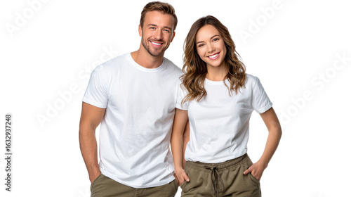 Smiling Couple in Casual Attire: A happy couple, dressed in matching t-shirts, exudes joy and closeness as they smile directly at the viewer, symbolizing companionship and modern lifestyle.