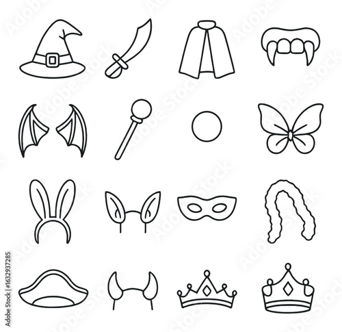 Halloween costume accessories outline: hats, wings, masks, and more