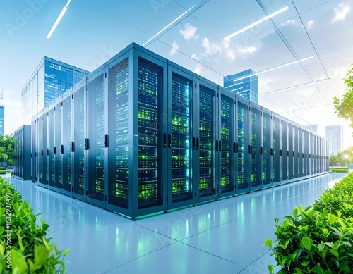 A modern data center featuring sleek servers and vibrant greenery, showcasing innovation and sustainability in technology.