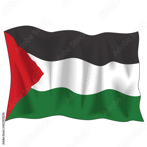 The waving flag of Palestine isolated on a white background. Vector illustration of the Palestinian national symbol with its distinctive colors.