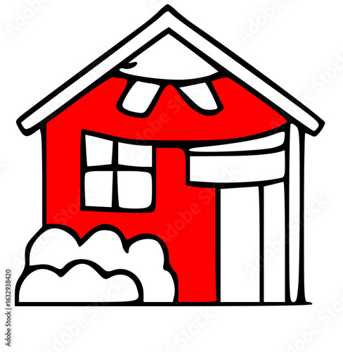 Simple cartoon depiction of a red house with white trim and a small bush in front.