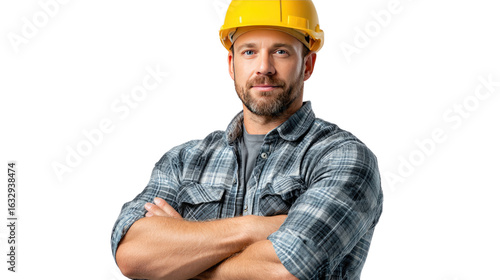 Confident Constructor: A skilled constructor with arms crossed, adorned with a yellow helmet, showcases expertise and reliability in the construction domain.