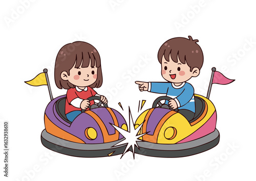 Playful childhood rivalry with cute cartoon kids crashing bumper cars. Happy boy and girl friends enjoying a fun day at the amusement park illustration.