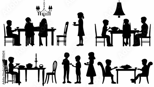 Silhouette illustration of children dining at tables with chandeliers and lamps overhead in a room