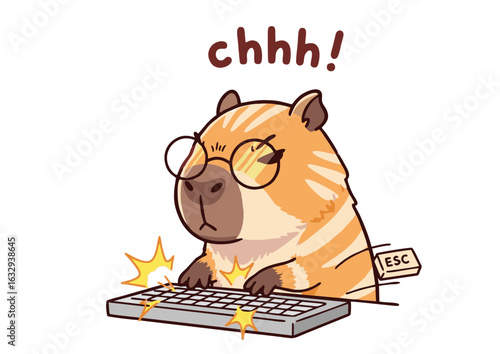An adorable illustrated capybara nerd with glasses typing quickly on a computer keyboard. A humorous graphic representing intense work and concentration.