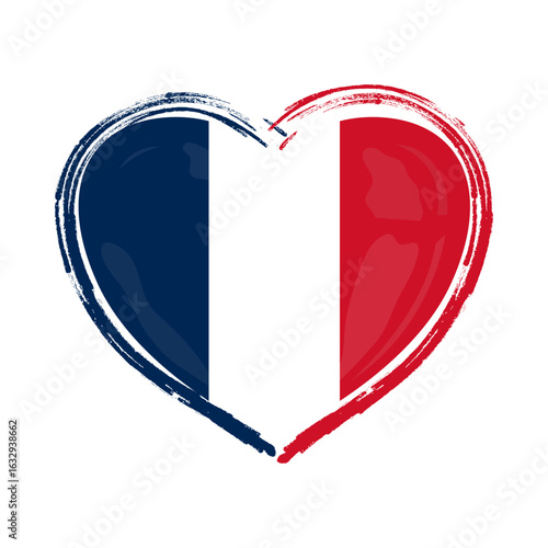 Artistic heart shaped French flag created with painted brush strokes. A symbolic illustration of love, national pride, and patriotism for France.