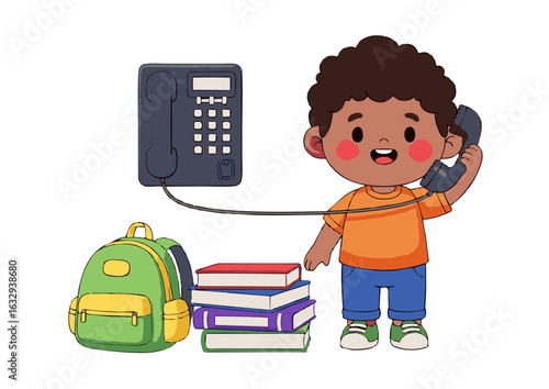 Cute cartoon Black boy student talking on a vintage landline telephone with a school backpack and a stack of books for an educational concept.
