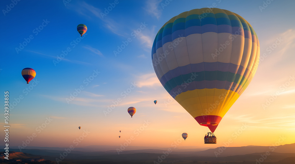 Naklejka premium Vibrant hot air balloons ascend into a colorful sky at sunrise over a hazy landscape