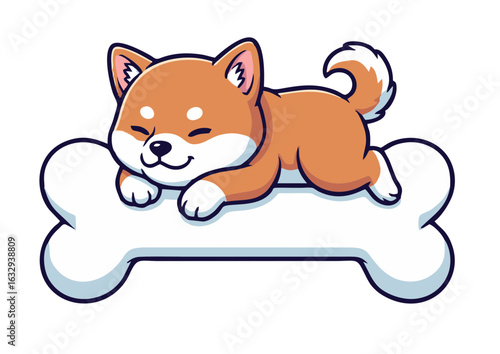 Adorable cartoon Shiba Inu puppy sleeping happily on a giant bone. A charming concept of a dog's peaceful dream and contentment.
