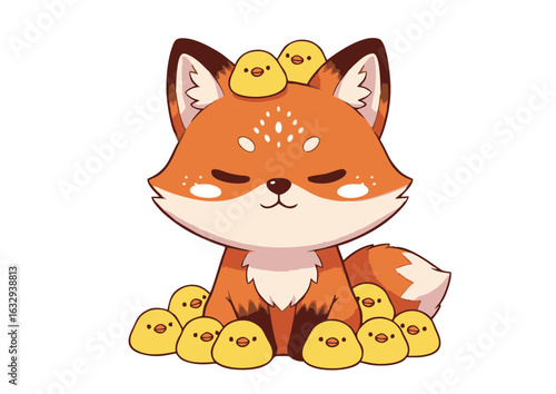 An adorable chibi fox character finds friendship with a group of cute yellow baby chicks in this heartwarming kawaii illustration on a white background.