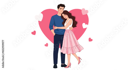 Vector art of a loving couple embracing each other with affection, surrounded by hearts, isolated on white background
