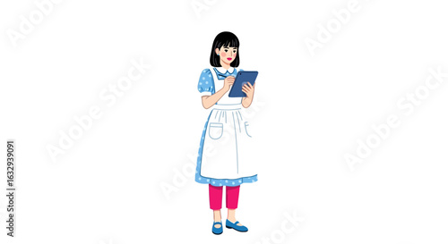 Vector art of young woman in a blue and white polka dot dress and white apron holding a tablet, isolated on white background