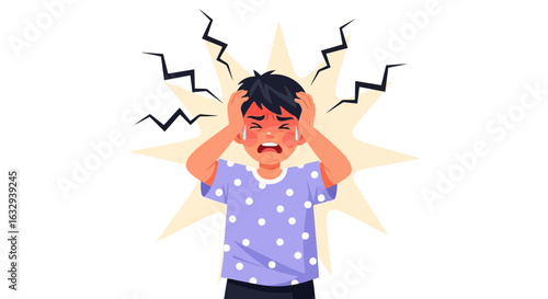 Vector art of young boy holding his head in pain and distress, with lightning bolts emanating from his head, isolated on white background