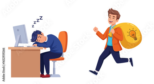 Vector art of one man steals a lightbulb idea from another man sleeping at his desk, symbolizing idea theft and lack of productivity isolated on white background